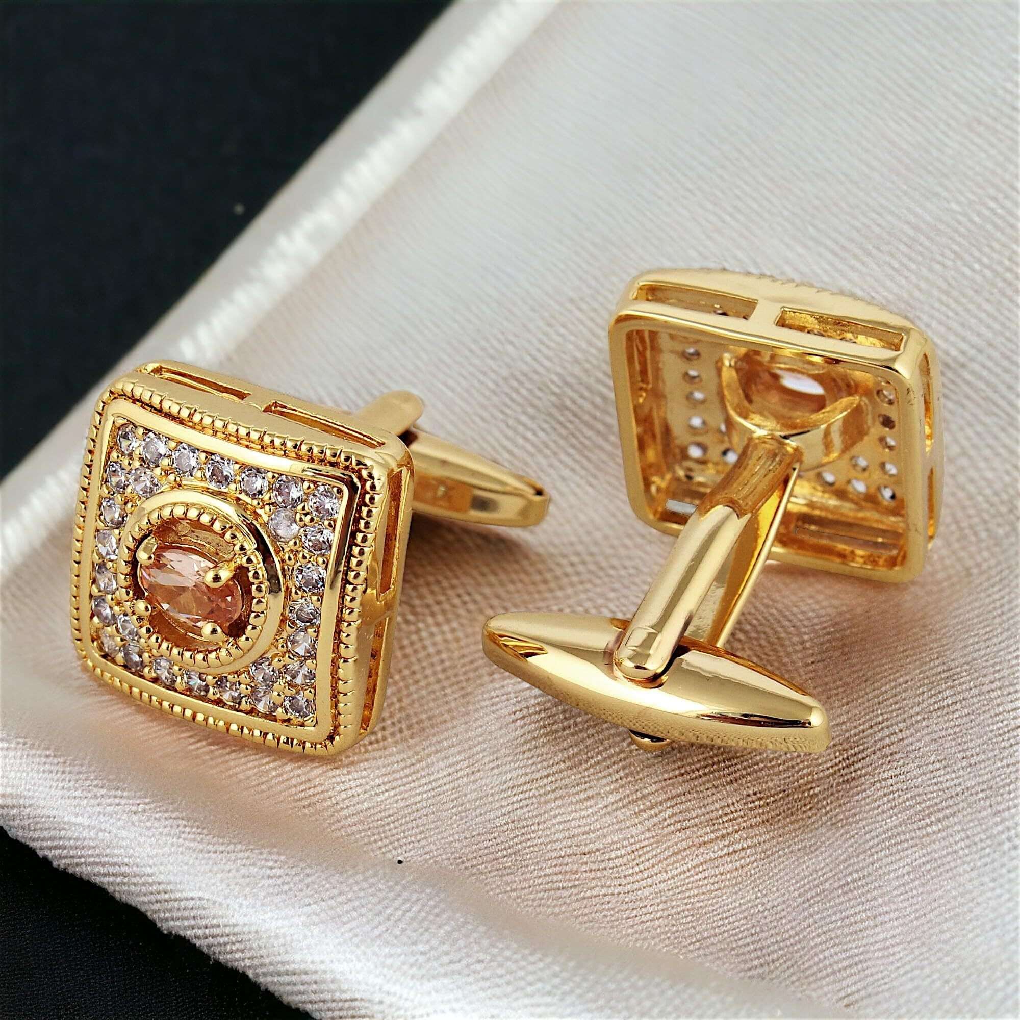 Lucky Jewellery Unique Men Jewelry Gold Plated Square Shape with AD Stones Sleeve Button Formal Cuff Button Wedding Shirt Button, Suit, Blazer Cufflinks Pair Gift Set For Men (460-CHC4-1081)