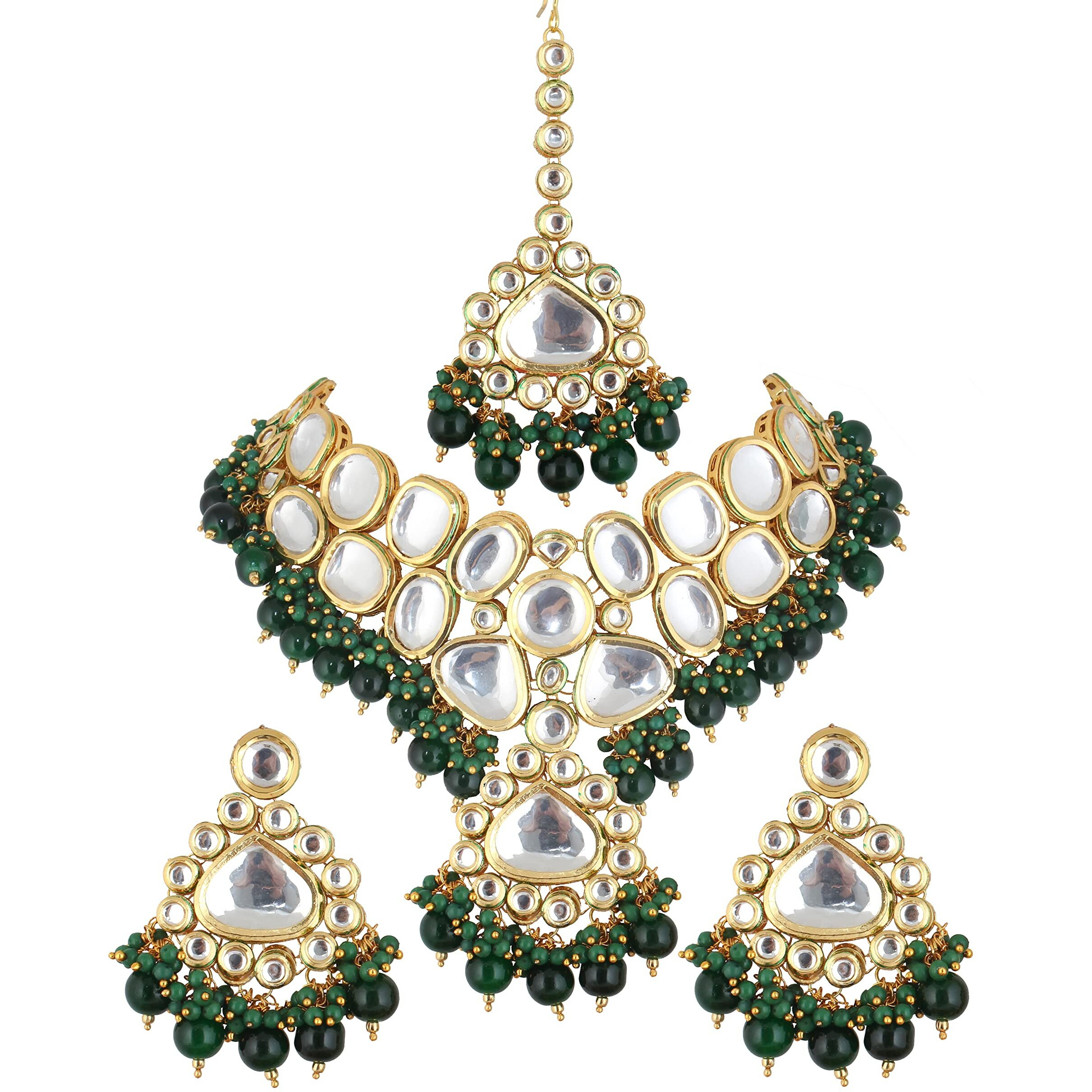 Lucky Jewellery Back Meenakari 18k Gold Plated Green Color Tika Earring Combo Jewellery Set Uncut Kundan Choker Necklace Set For Girls & Women