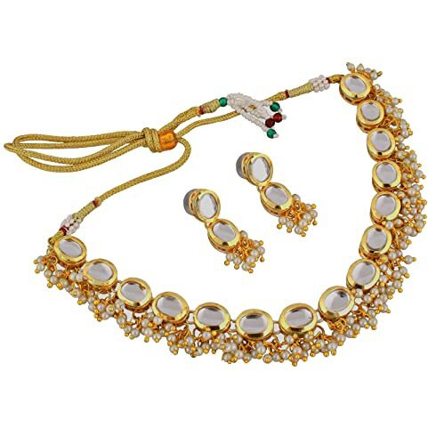 LUCKY JEWELLERY Back Meenakari 18k Gold Plated White Color Triangular Shape Earring Combo Jewellery Set Uncut Kundan Big Faux Kundan Dibbi Kundan Choker Necklace Set for Girls & Women