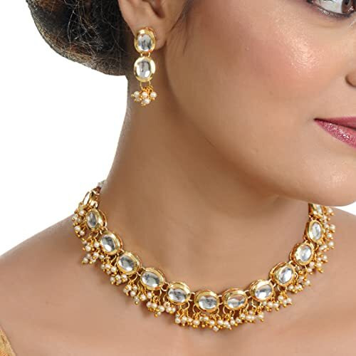 LUCKY JEWELLERY Back Meenakari 18k Gold Plated White Color Triangular Shape Earring Combo Jewellery Set Uncut Kundan Big Faux Kundan Dibbi Kundan Choker Necklace Set for Girls & Women