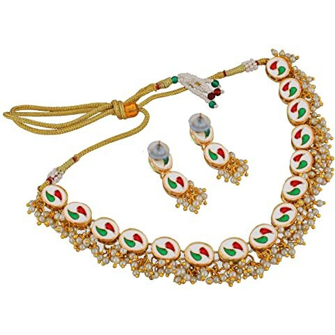 LUCKY JEWELLERY Back Meenakari 18k Gold Plated White Color Triangular Shape Earring Combo Jewellery Set Uncut Kundan Big Faux Kundan Dibbi Kundan Choker Necklace Set for Girls & Women
