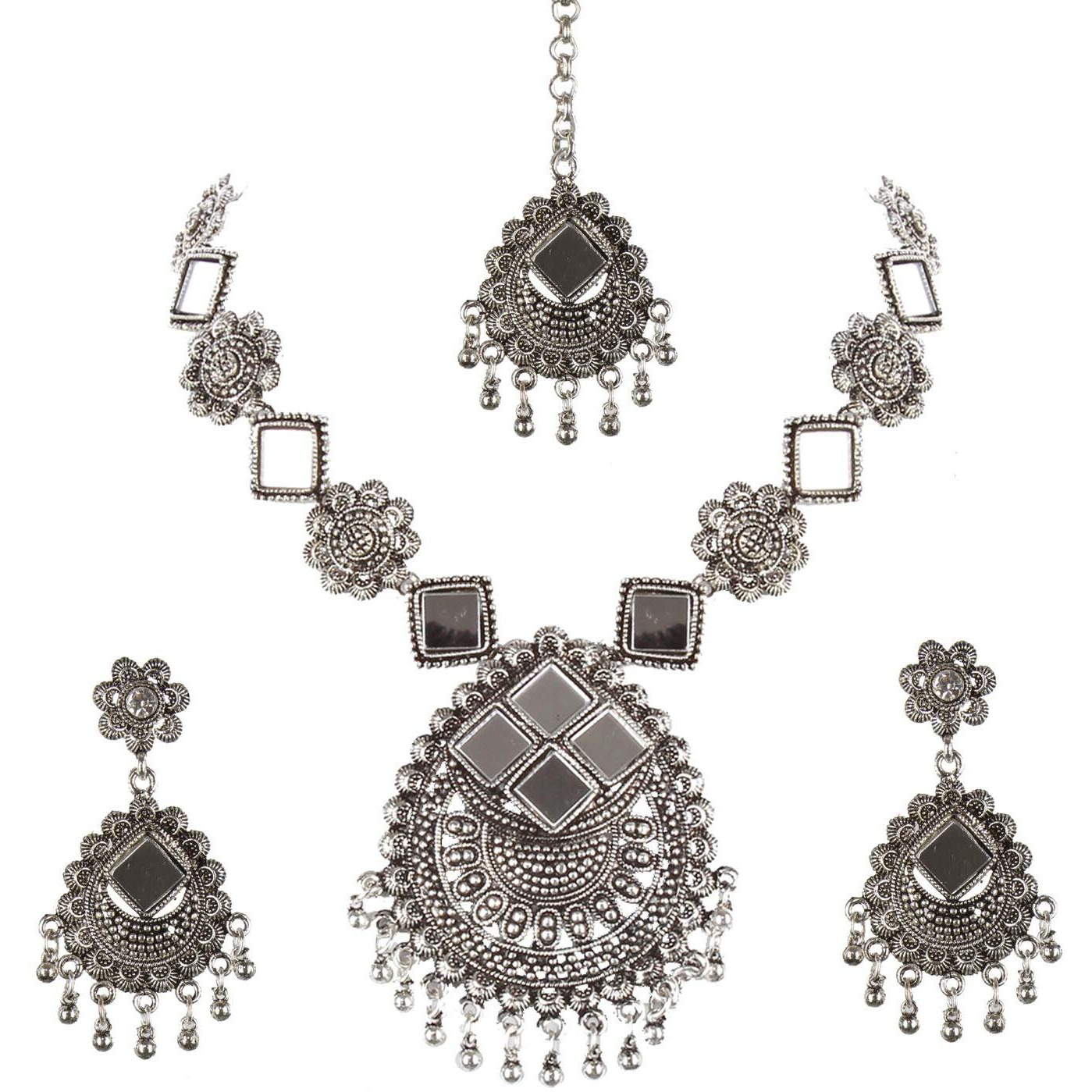 Lucky Jewellery Tribal Designer Oxidised German Silver Plated Mirror Work Navratri Garba Necklace Set with Matching Earring and Maang Tikka for Girls & Women (644-TSO-11939-S)