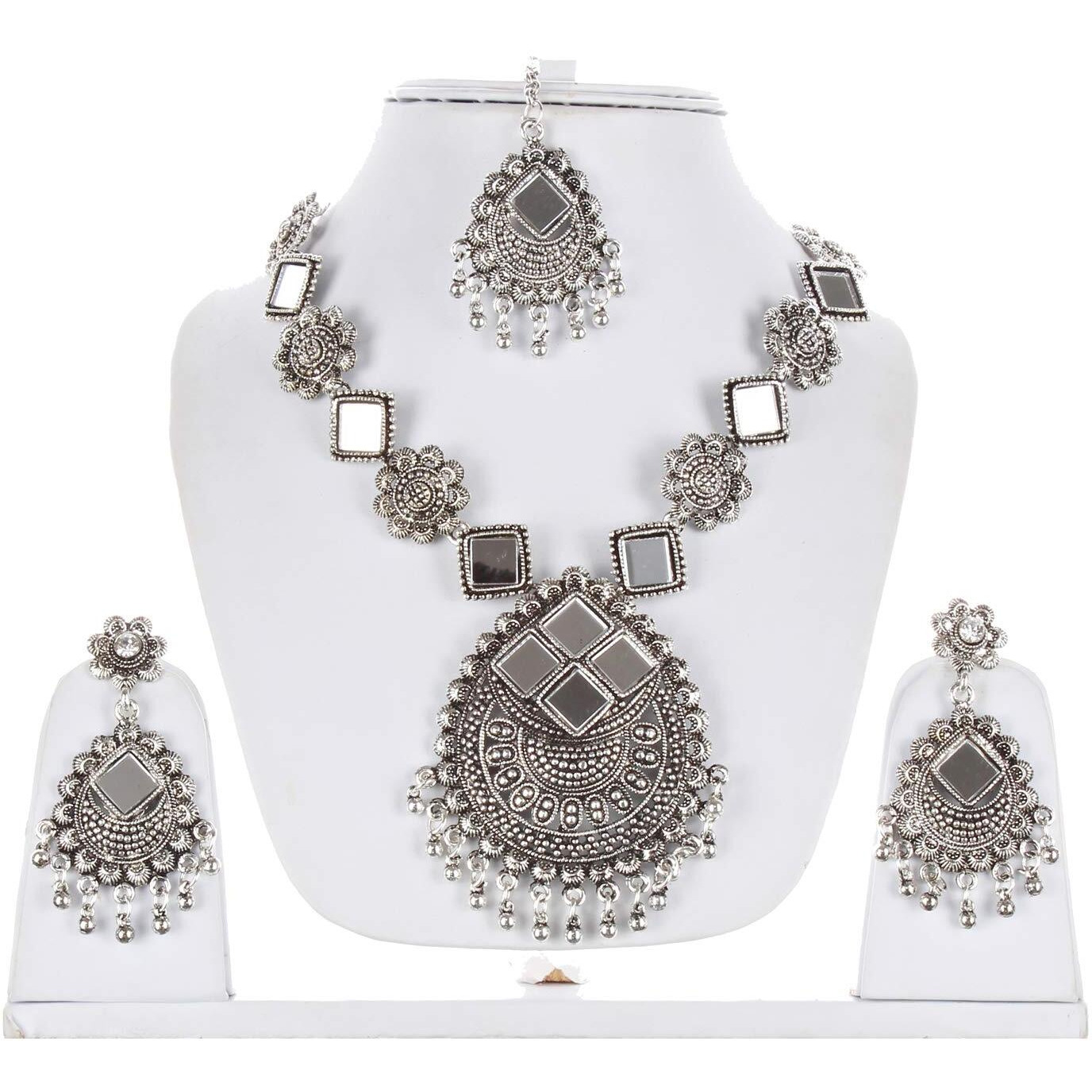 Lucky Jewellery Tribal Designer Oxidised German Silver Plated Mirror Work Navratri Garba Necklace Set with Matching Earring and Maang Tikka for Girls & Women (644-TSO-11939-S)