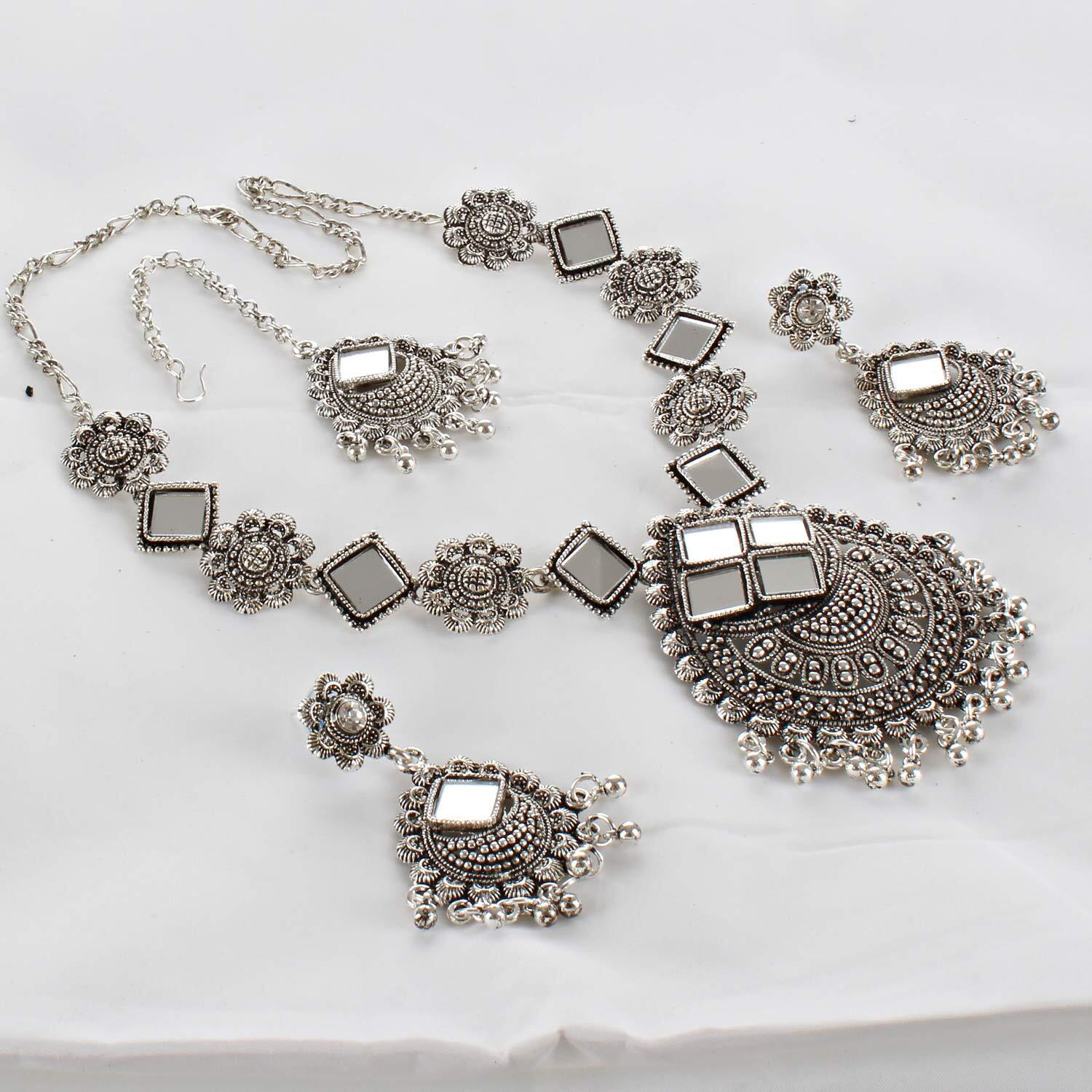 Lucky Jewellery Tribal Designer Oxidised German Silver Plated Mirror Work Navratri Garba Necklace Set with Matching Earring and Maang Tikka for Girls & Women (644-TSO-11939-S)