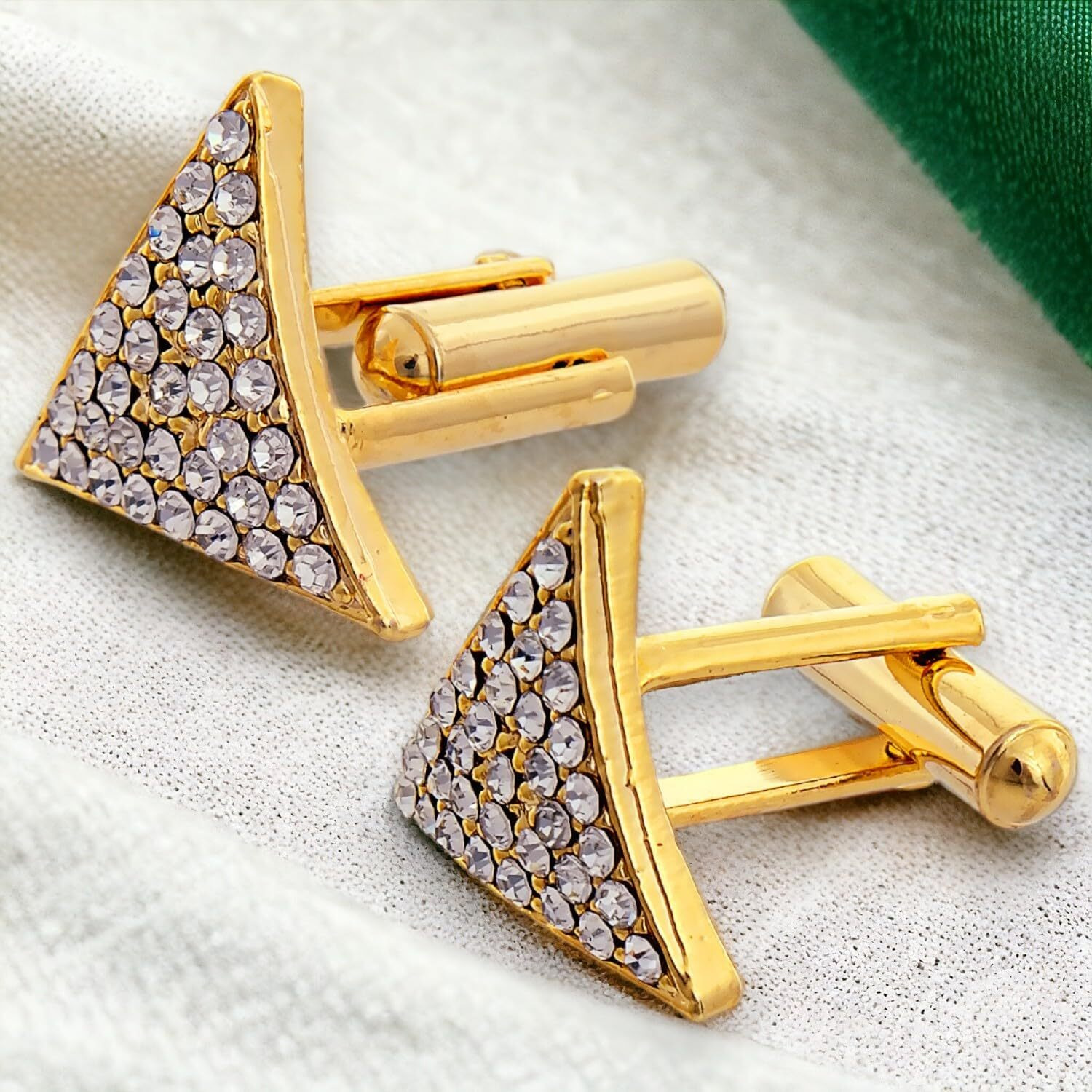 Lucky Jewellery Unique Men Jewelry White Color Stone Gold Plated Sleeve Button Formal Cuff Button Wedding Shirt Button, Suit, Blazer Cufflinks with Matching Tie Pin Gift Set For Men (294-M4C4-A5235-W)