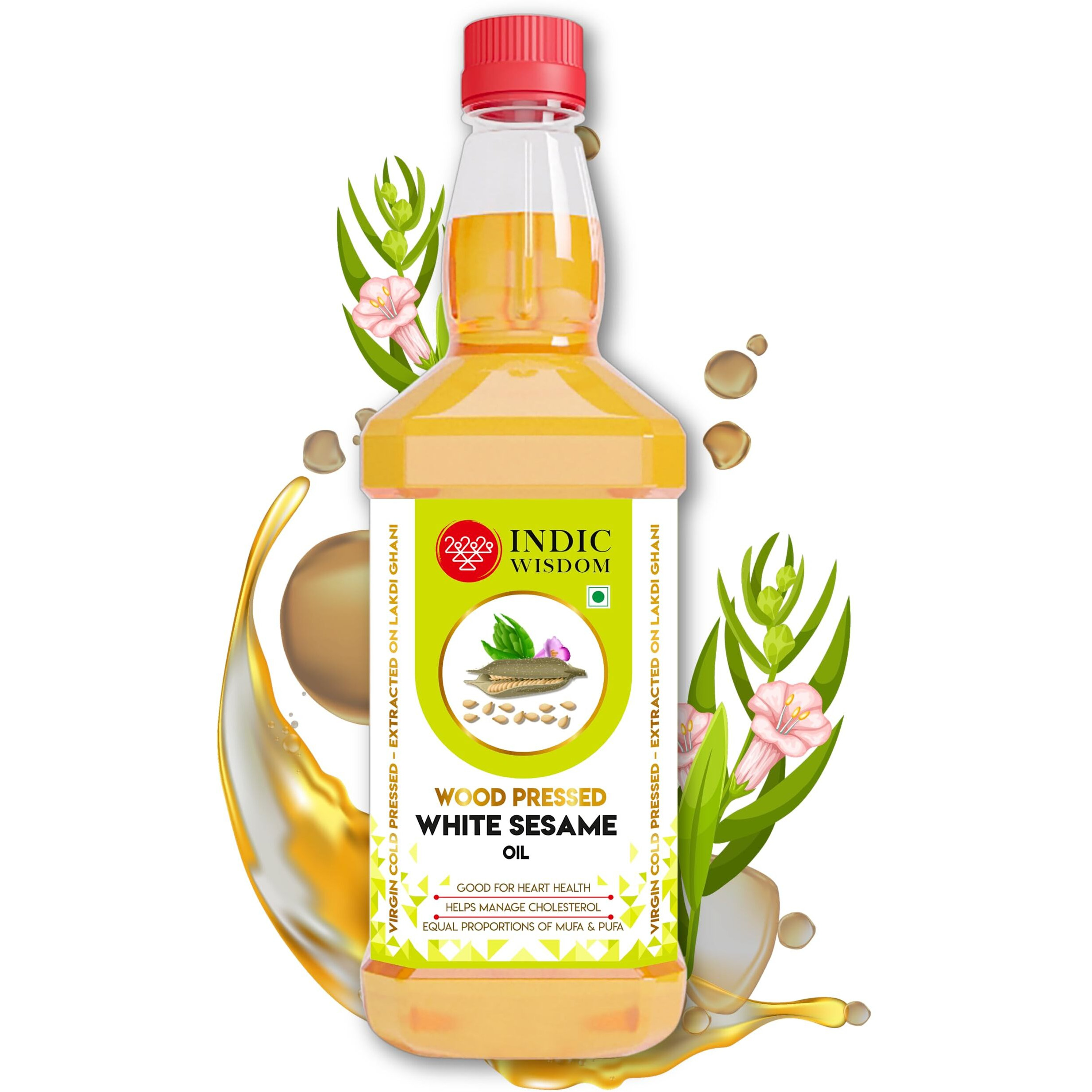 IndicWisdom Wood Pressed White Sesame Oil 1 Liter (Cold Pressed White Sesame Oil - Extracted on Wooden Churner)