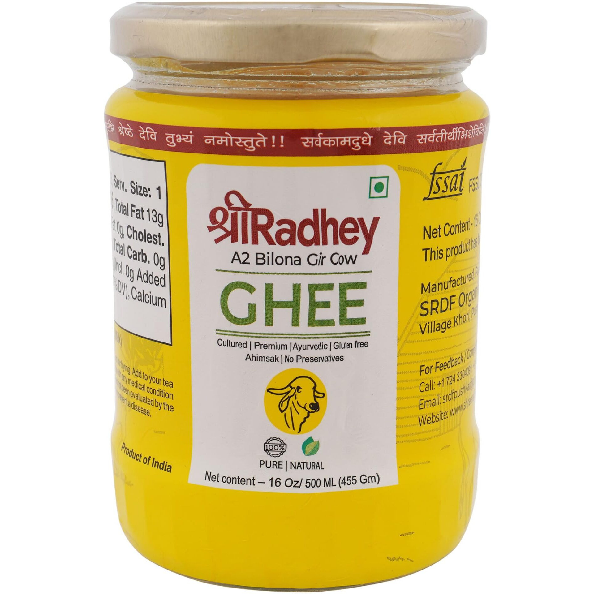 SHREERADHEY A2 Gir Cow Ghee Traditional Bilona Churned, 500 ML Glass Bottle