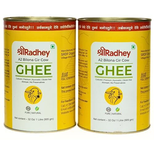 SHREERADHEY A2 Gir Cow Ghee | Traditional Bilona Churned | 1 Liter Tin (Pack Of 2)