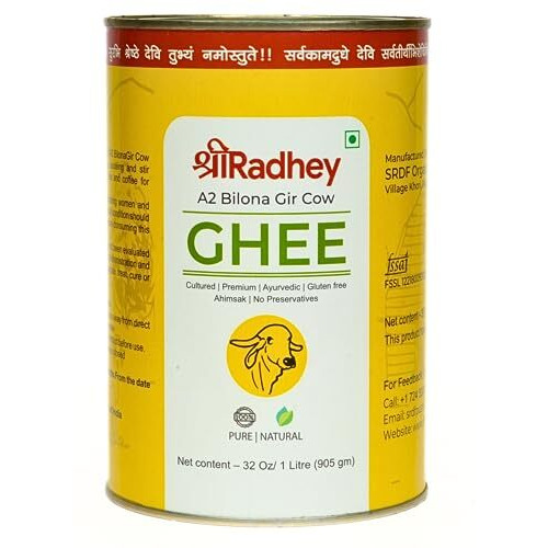 SHREERADHEY A2 Gir Cow Ghee | Traditional Bilona Churned | 1 Liter Tin (Pack Of 2)