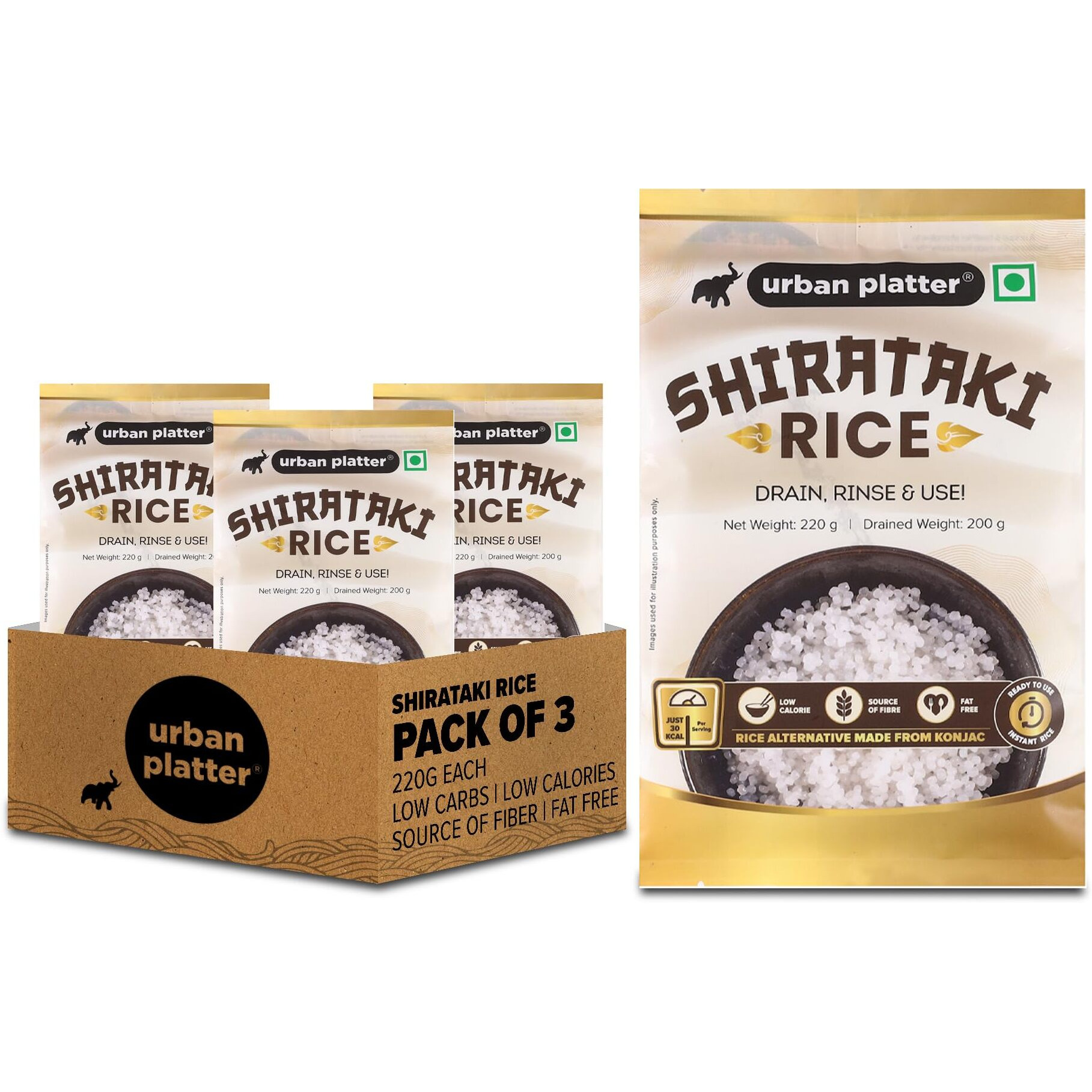 Urban Platter Shirataki Short-Grain Rice, 220g [Pack of 3] [Ultra Low-carb, Low-Calorie, Keto-Friendly, Fat-Free, Gluten-Free Alternative to Rice]