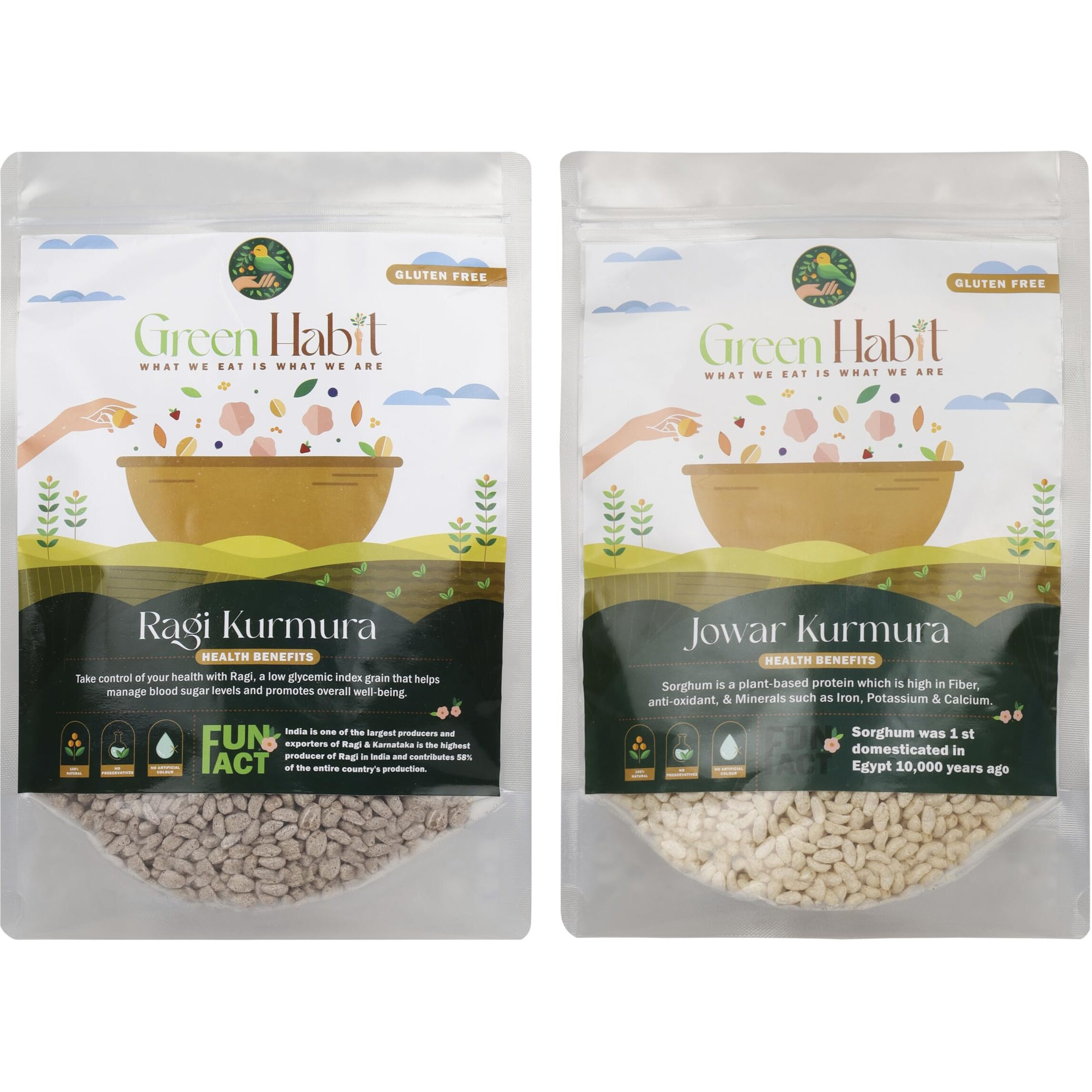 Greenhabit Jowar & Ragi Kurumura Combo a.k.a Sorghum Puff & Finger millet Puffs for Healthy Breakfast Snack Food (Puffed Jowari 200g & Puffed Ragi 200g pack each)