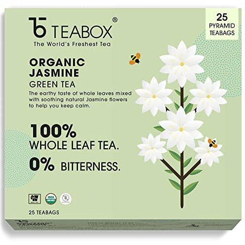 Teabox Organic Jasmine Green Tea 25 Teabags | Sourced From Madurai | Made with 100% Whole Leaf, Natural Jasmine Flowers & Natural Flavors