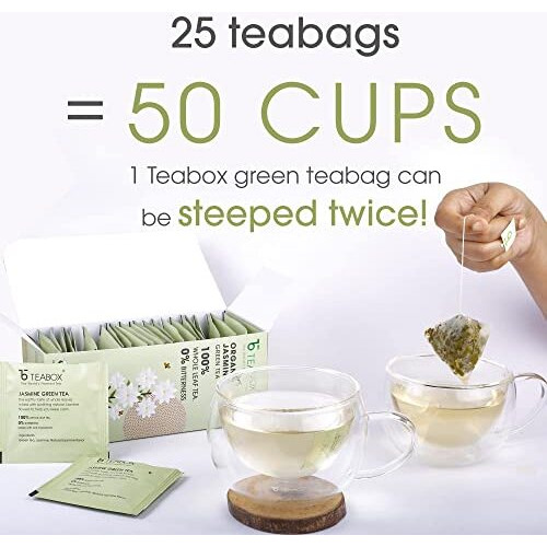Teabox Organic Jasmine Green Tea 25 Teabags | Sourced From Madurai | Made with 100% Whole Leaf, Natural Jasmine Flowers & Natural Flavors