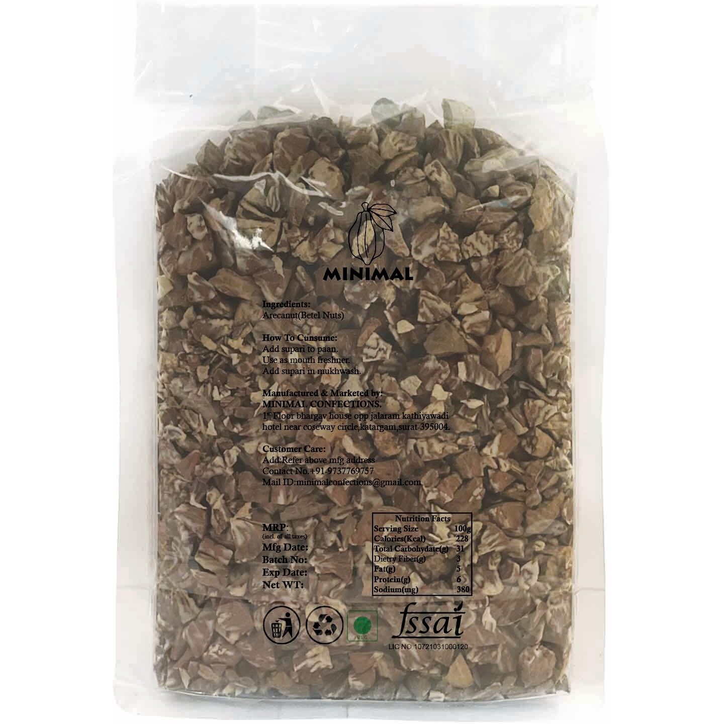 Minimal Arecanut Bite/Diamond Cutting Supari Tukda(Plain Supari Tukda),500g