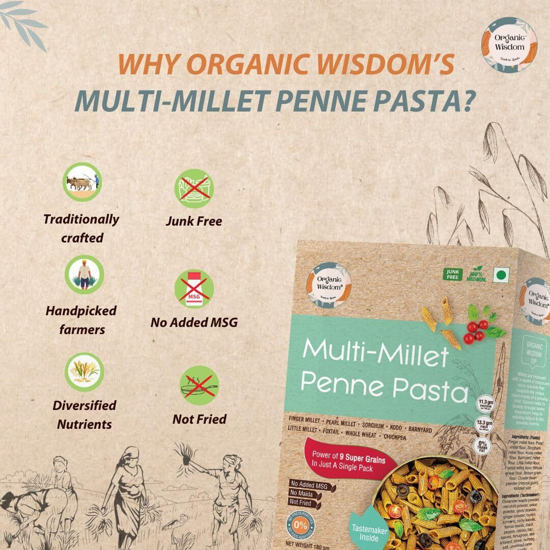 Organic Wisdom-Back to Roots Multi-millet Penne Pasta | Protein rich pasta with 9 super grains | No Maida, Not Fried, No MSG|Sun Dried| 180 gm(pack of 1)
