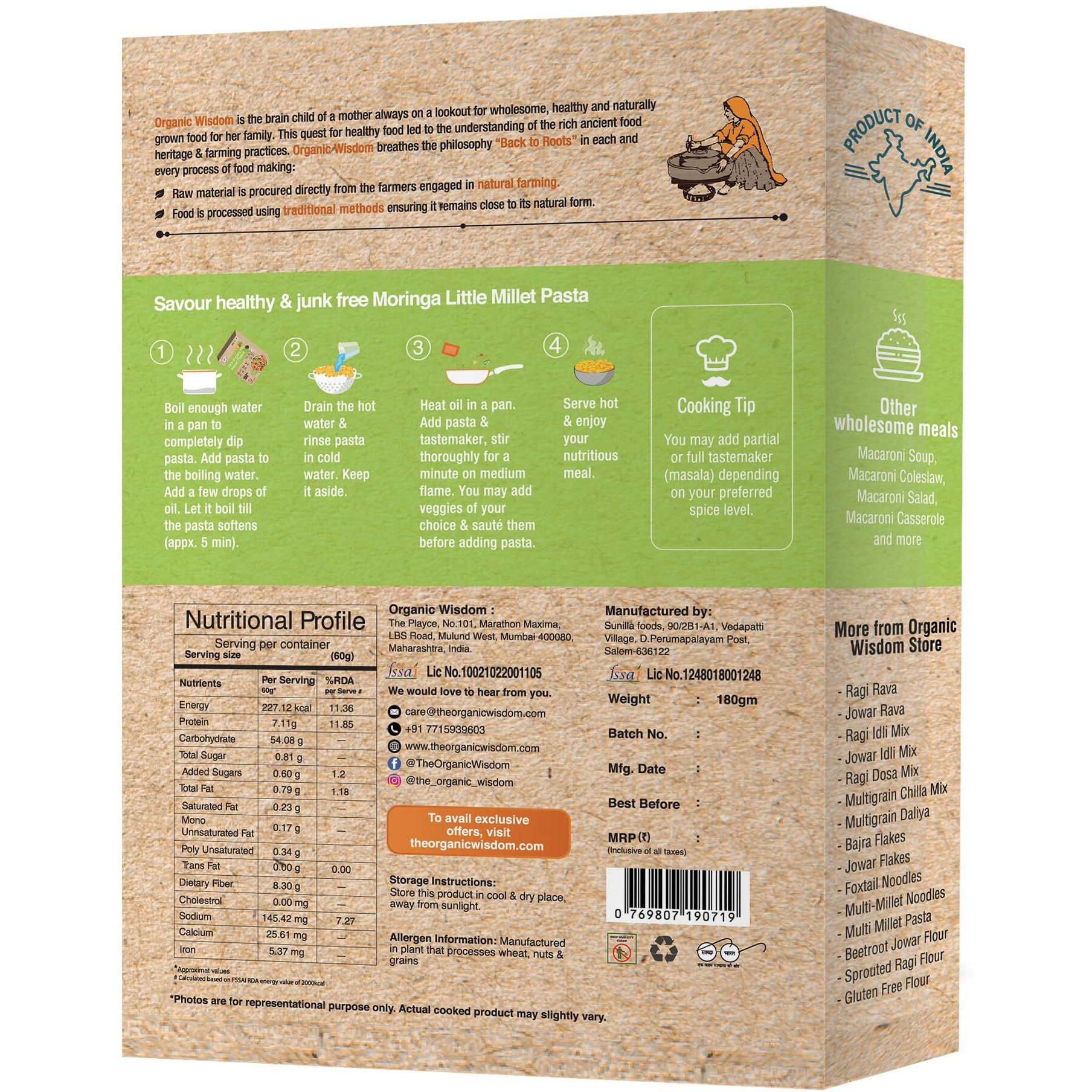 Organic Wisdom-Back to Roots Moringa Little Millet & Multi-Millet Pasta Combo | 180 Gm Each | Junke Free | No Maida, No Msg|Protein & Vit B Rich