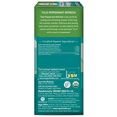 ORGANIC INDIA Tulsi Peppermint Refresh 25 Tea Bags || Stress Relieving & Rejuvenating || Feeling Refreshed || Tulsi Tea - 25 Tea Bags