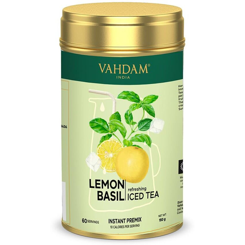 Lemon Basil Iced Tea Instant Premix (150g/5.29oz) 60 Servings | Lightly Sweetened Iced Tea | Zesty Lemon & Fresh Basil | Best for Mocktails & Cocktails | Packed in Tin Caddy | VAHDAM