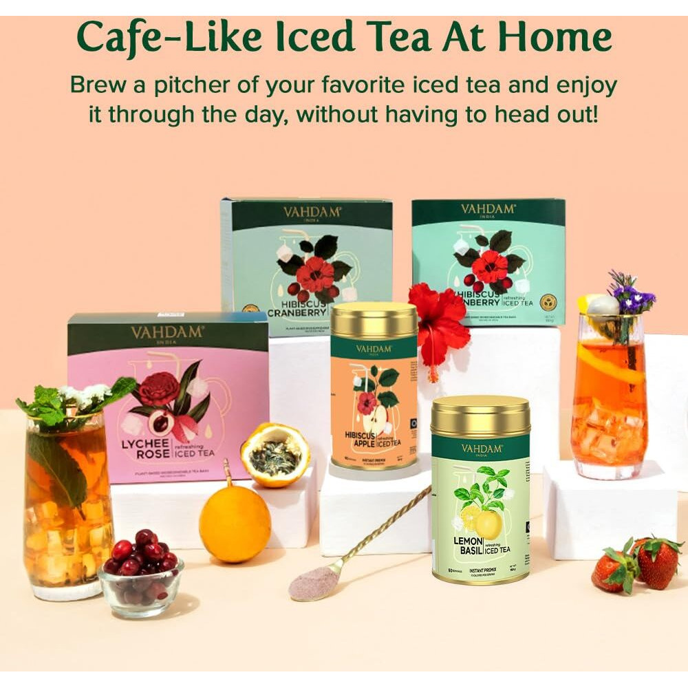 Lemon Basil Iced Tea Instant Premix (150g/5.29oz) 60 Servings | Lightly Sweetened Iced Tea | Zesty Lemon & Fresh Basil | Best for Mocktails & Cocktails | Packed in Tin Caddy | VAHDAM