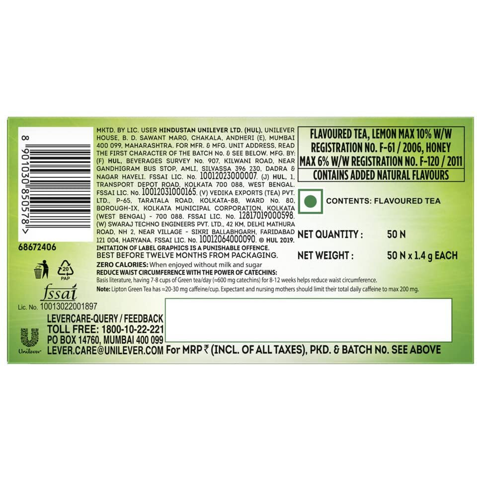 Lipton Honey Lemon Green Tea Bags 50 Tea Beg Flavoured Green Tea, 70 Grams