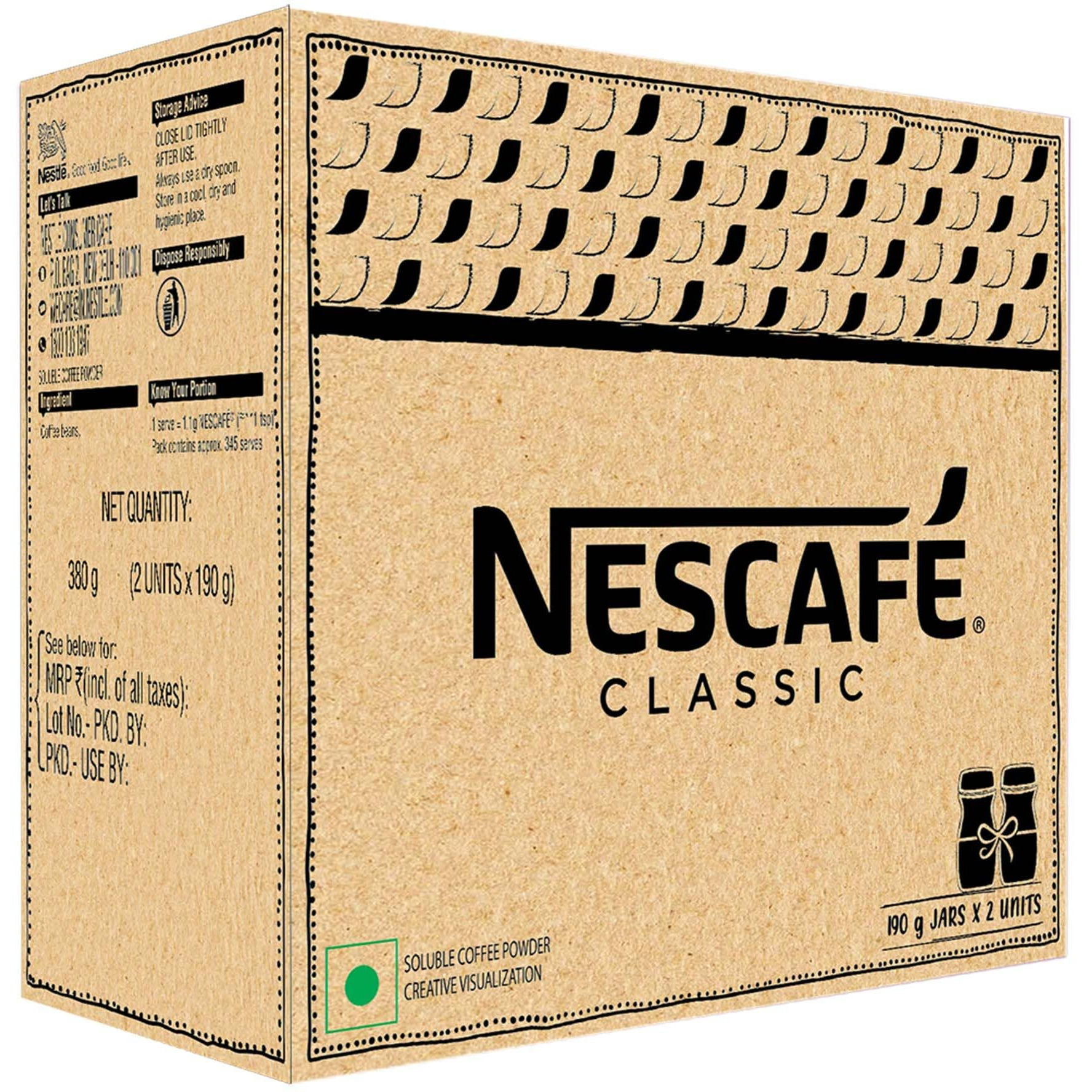 NESCAFE Classic Instant Coffee Powder, 380g (2 units x 190g jar) | Instant Coffee Made with Robusta Beans | Roasted Coffee Beans | 100% Pure Coffee