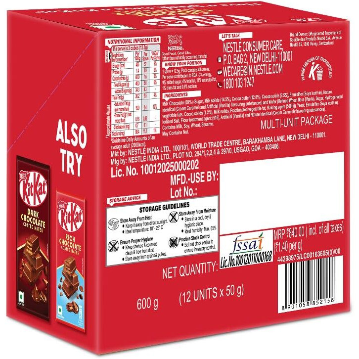 KIT KAT Caramel Chocolate Coated Wafer Bar, 50G X 12 Units, 600 Gram, Box