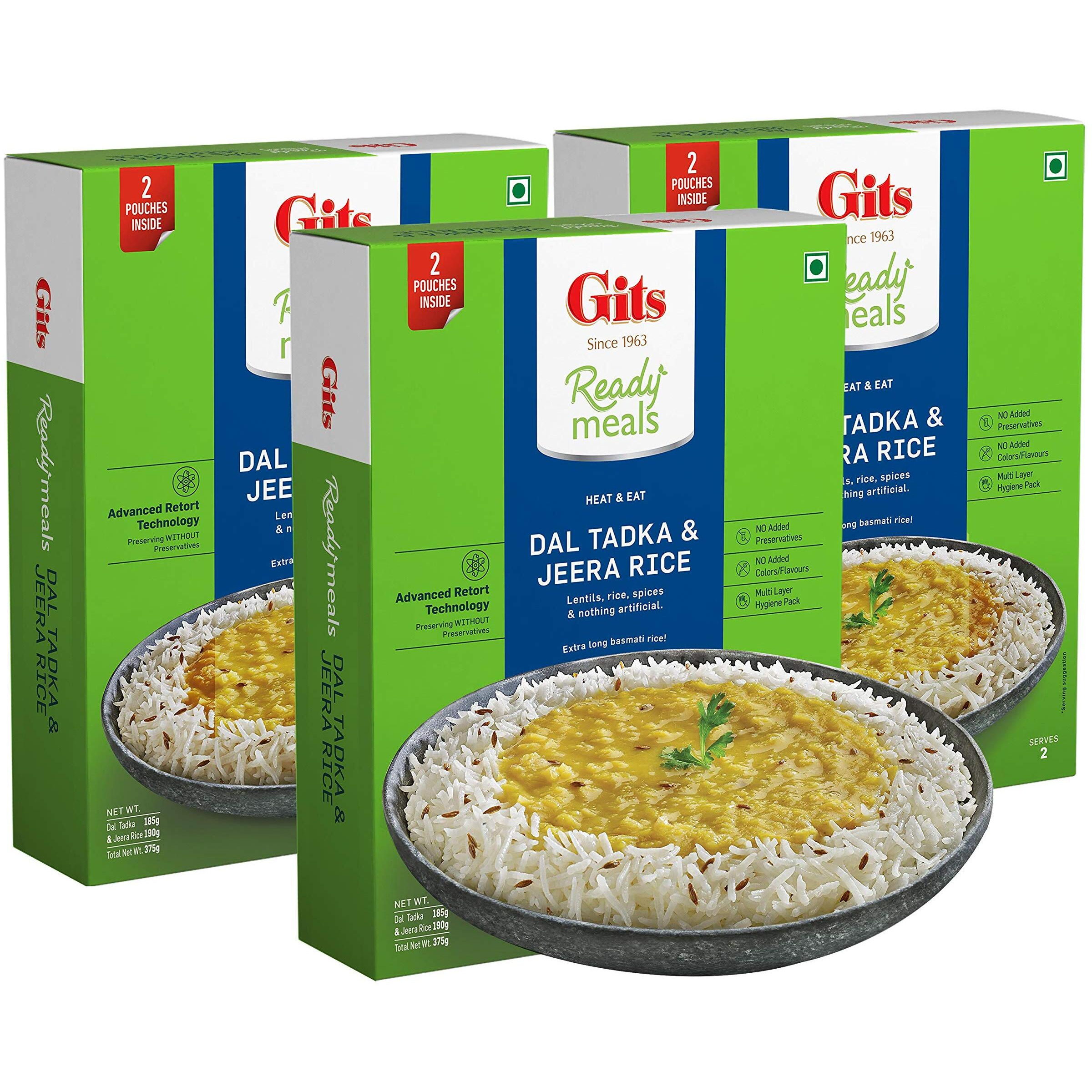 Gits Ready to Eat Jeera Rice + Dal Tadka Combo Indian Meal, Pure Veg Heat and Eat, 1125g (Pack of 3 X 375g Each)