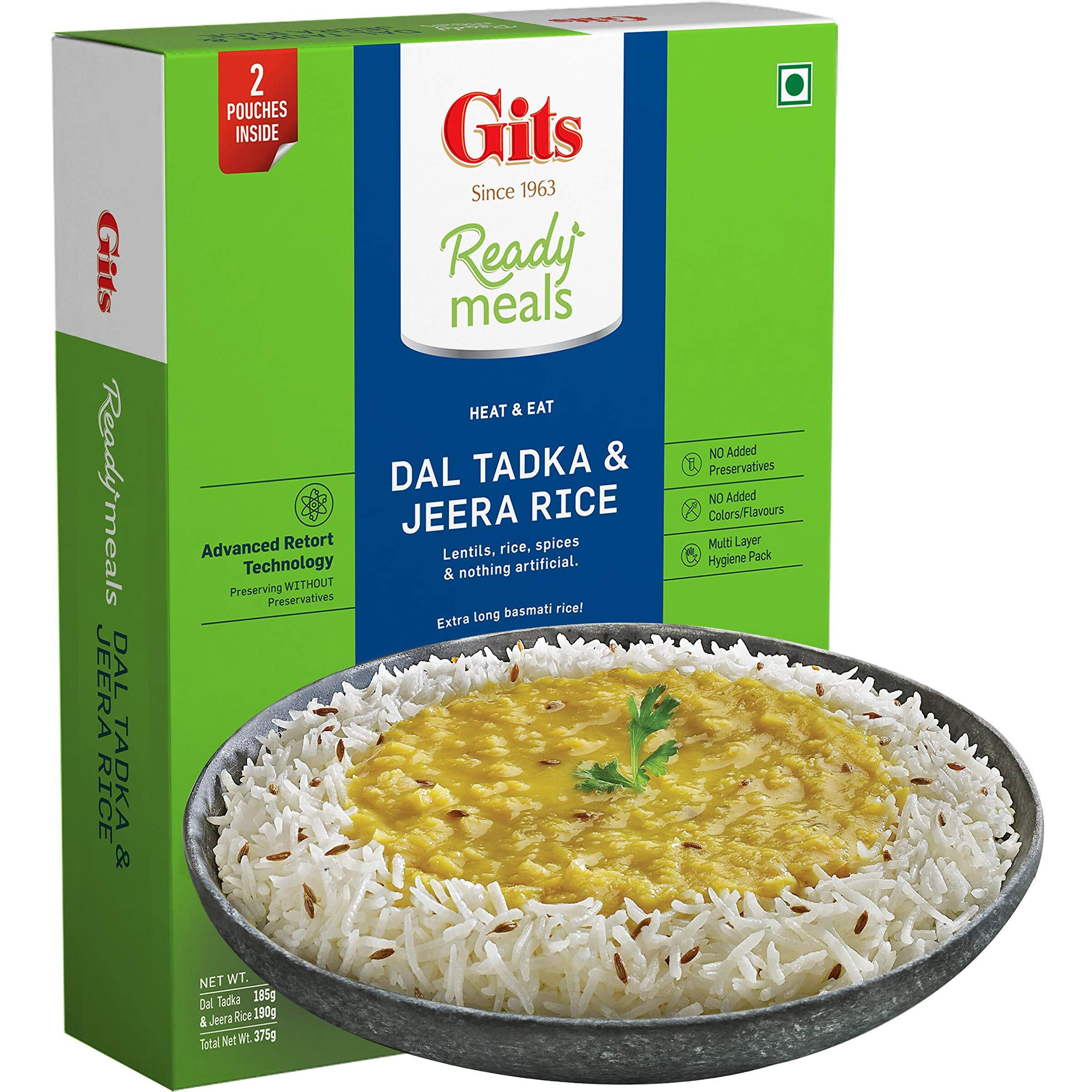 Gits Ready to Eat Jeera Rice + Dal Tadka Combo Indian Meal, Pure Veg Heat and Eat, 1125g (Pack of 3 X 375g Each)