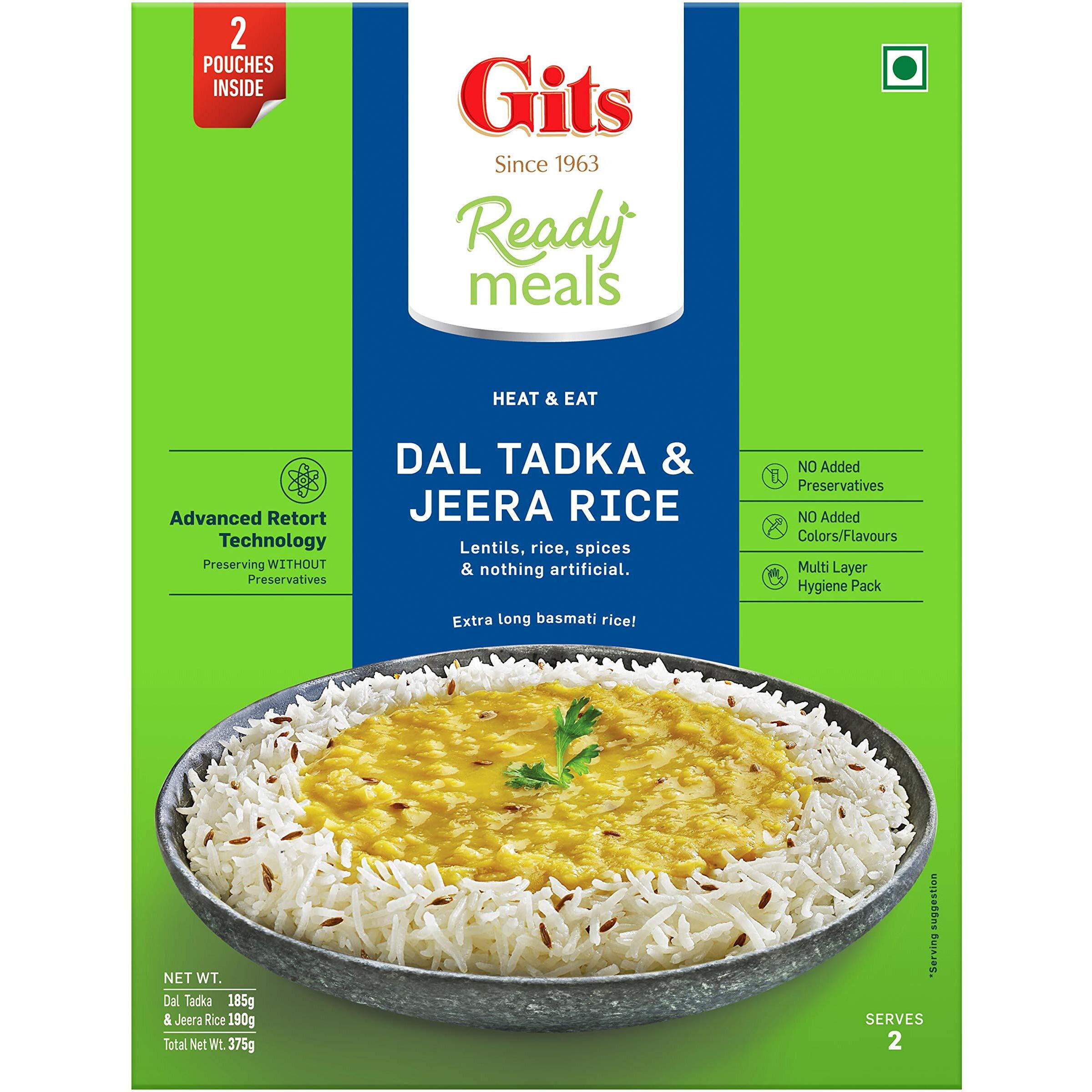 Gits Ready to Eat Jeera Rice + Dal Tadka Combo Indian Meal, Pure Veg Heat and Eat, 1125g (Pack of 3 X 375g Each)