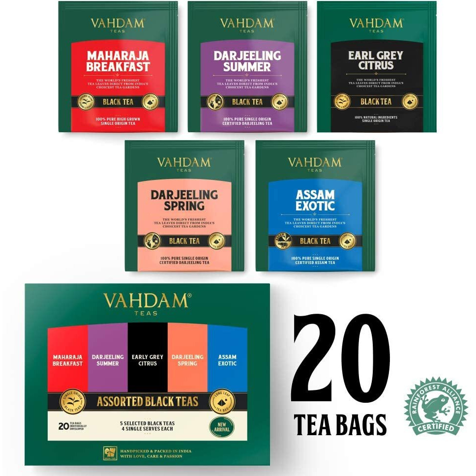 Vahdam, Black Tea Sampler, 5 Teas - Tea Variety Pack | Assorted Black Tea Bags | English Breakfast, Darjeeling, Assam, Earl Grey Tea Bags | 20 Count | Finest Tea Gift Set & Tea Gift For Tea Lovers