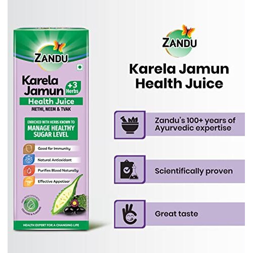 Zandu Karela Jamun Juice 1L,Controls Blood Sugar,Diabetes Care,With 3 Added Herbs Methi,Neem&Tvak,No Added Sugar Or Flavours,1 Count