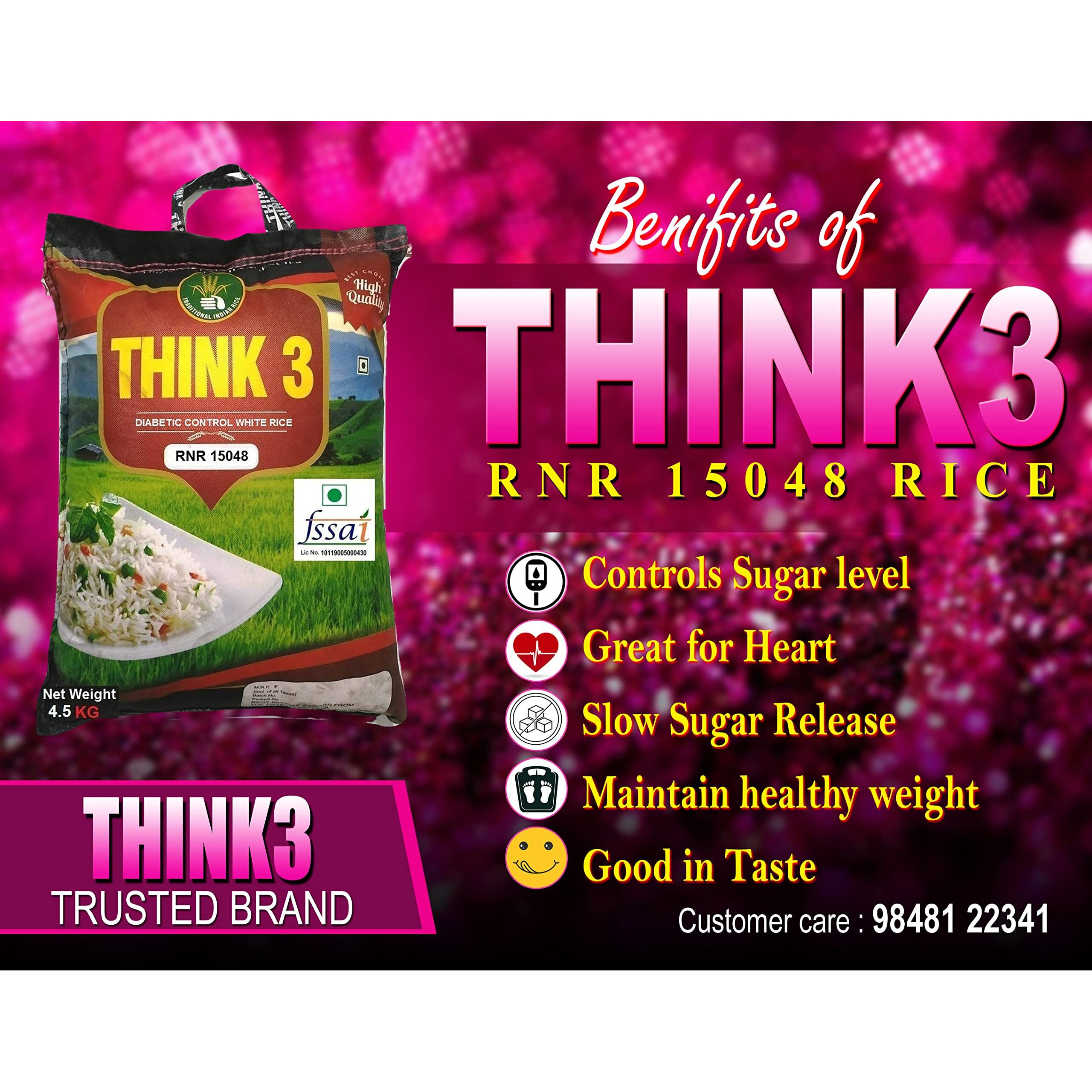 THINK3 Diabetic Control White Rice RNR 15048 with Low glycemic Index (4.5 KG)