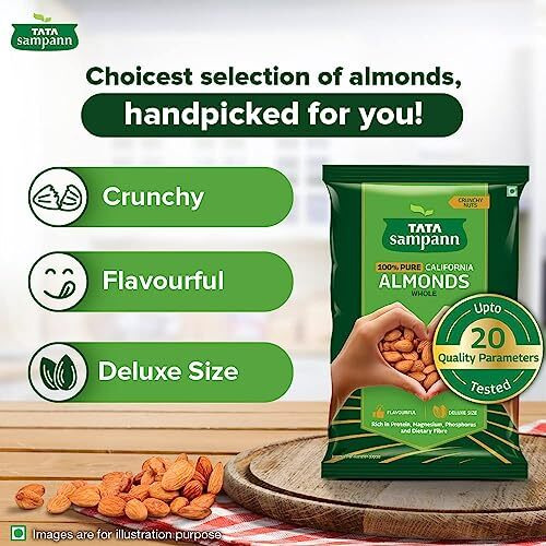 Tata Sampann Pure California Almonds Whole, Badam Giri, Rich in Protein, Magnesium, Phosphorus and Dietary Fibre, Nuts & Dry Fruits, 500g