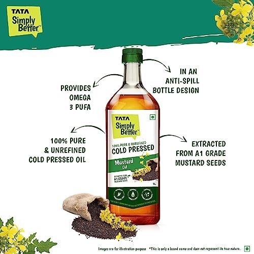 Tata Simply Better Pure & Unrefined Cold Pressed Mustard Oil,Naturally Cholesterol Free, 1L, Rich Aroma & Flavour of Real Mustard Seeds, A1 Grade Mustard Seeds
