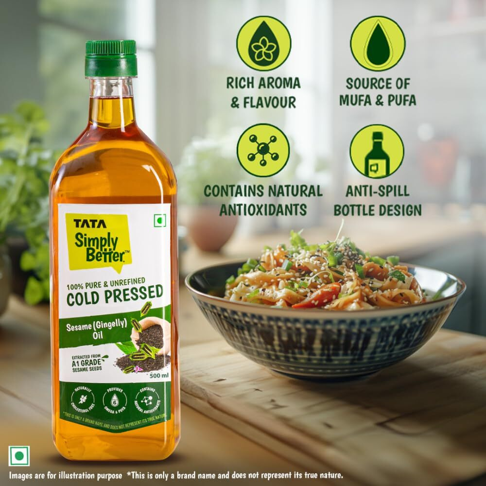 Tata Simply Better Pure and Unrefined Cold Pressed Sesame (Gingelly) Oil, Kolhu/Kacchi Ghani/Mara Chekku/Ganuga, Naturally Cholesterol Free, 500ml, Sesame Oil with Rich Aroma & Flavour of Real Sesame Seeds, For Daily Cooking with Multipurpose Usage, A1 Grade Sesame Seeds, Purity in Every Drop