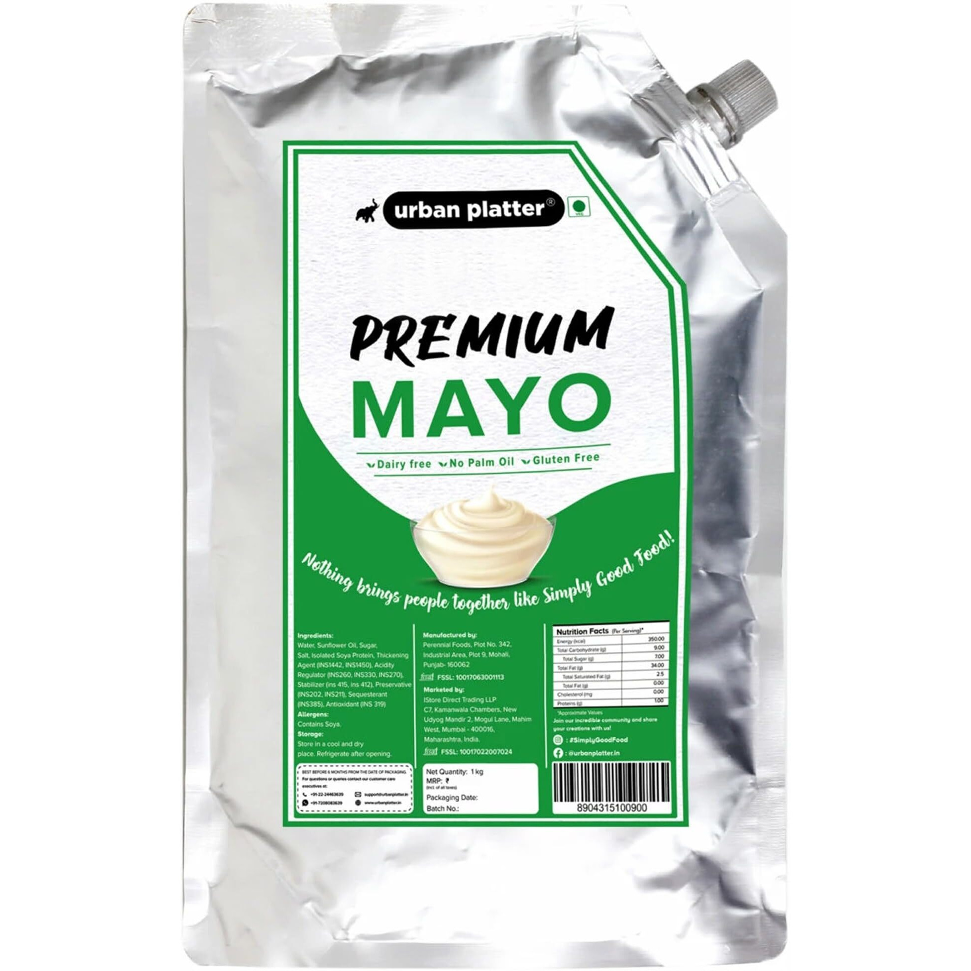 Urban Platter Premium Mayo, 1Kg / 35.27oz [Dairy-Free Mayonnaise, No Palm Oil, No Trans-Fat] [HoReCa]