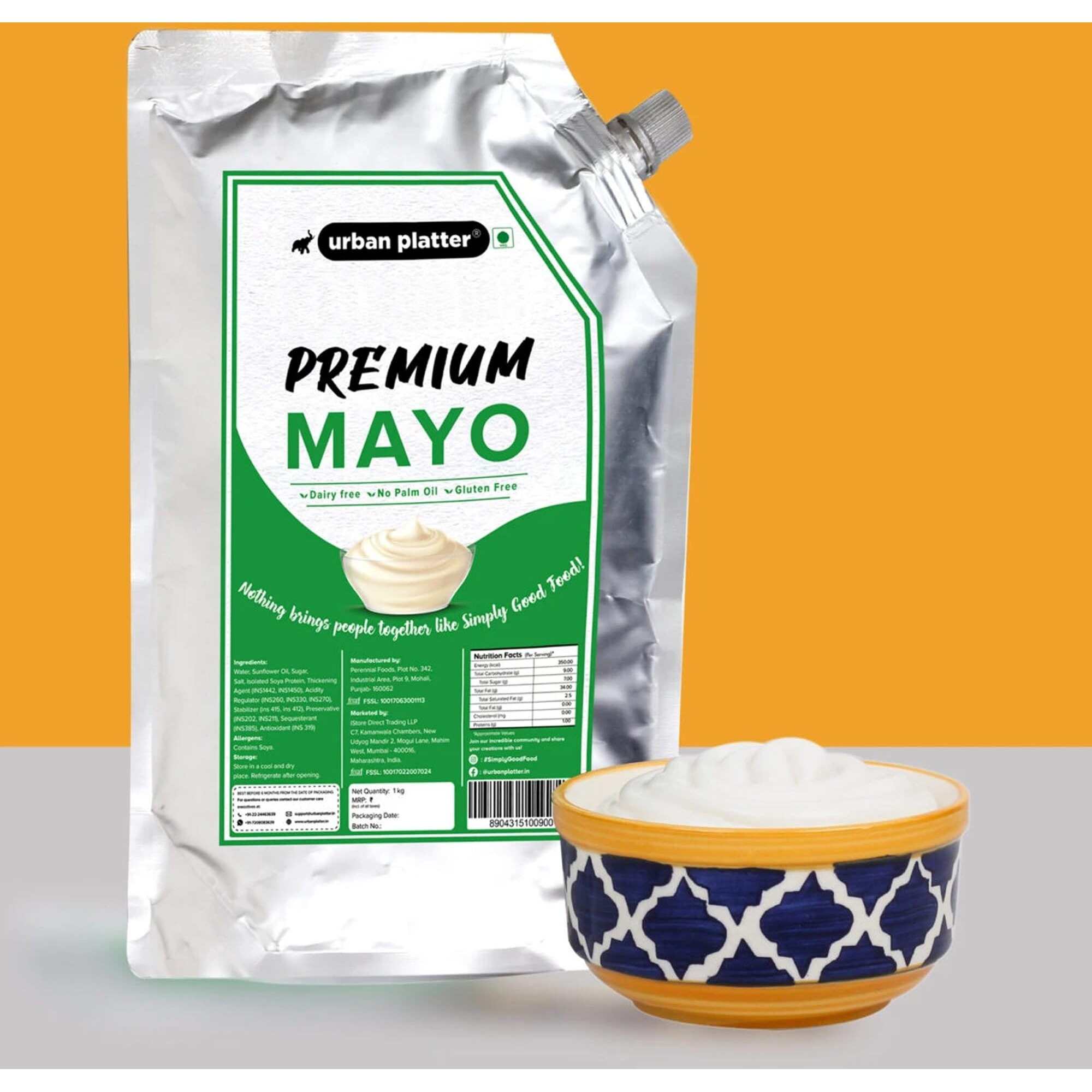 Urban Platter Premium Mayo, 1Kg / 35.27oz [Dairy-Free Mayonnaise, No Palm Oil, No Trans-Fat] [HoReCa]