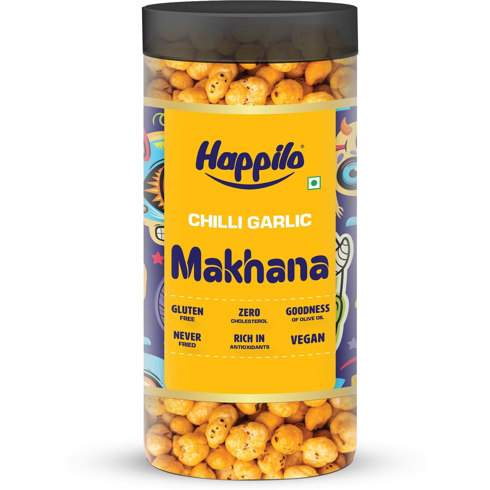 Happilo Makhana Chilli Garlic Jar 80g, Roasted Foxnut Healthy Snack Low Calorie Gluten Free and Vegan