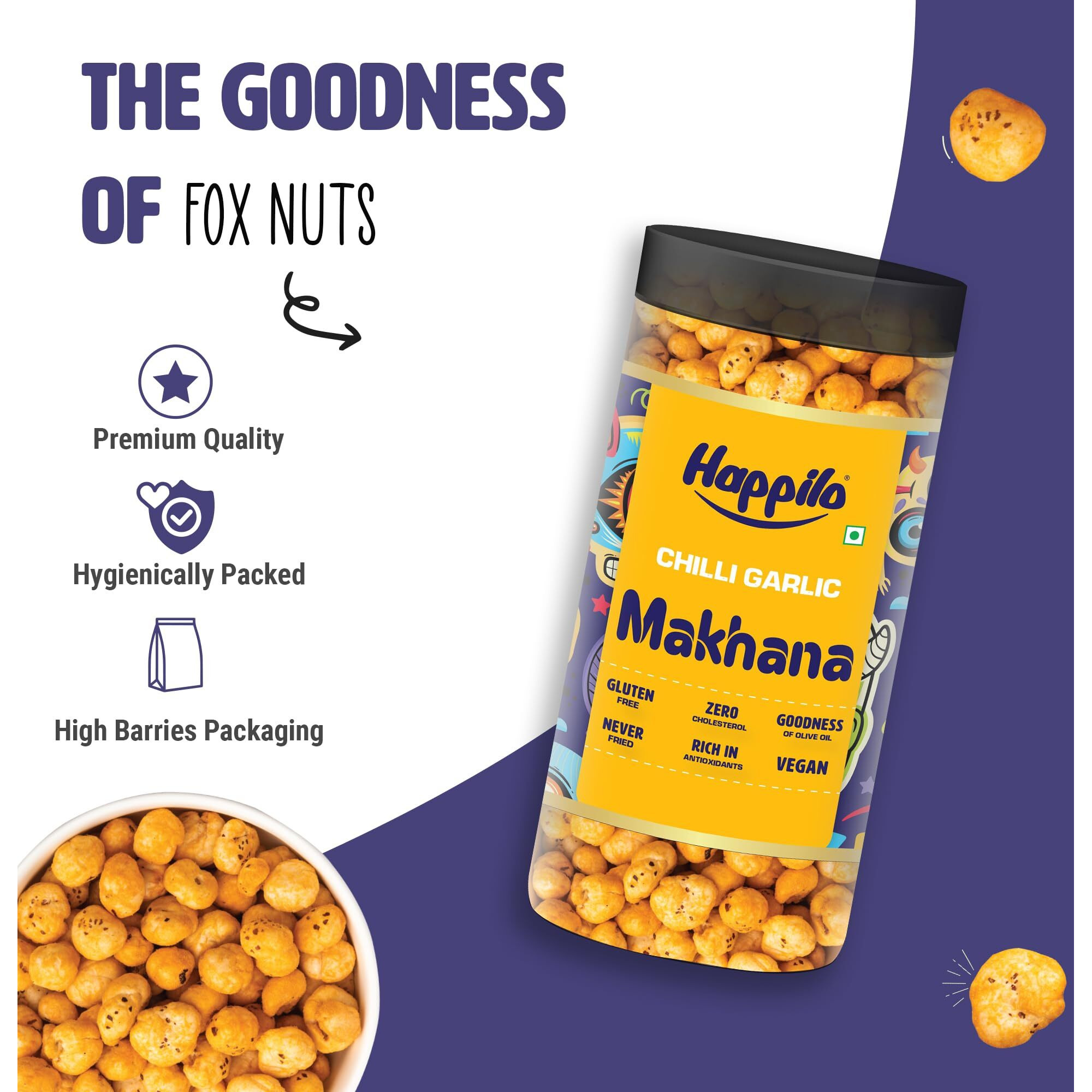 Happilo Makhana Chilli Garlic Jar 80g, Roasted Foxnut Healthy Snack Low Calorie Gluten Free and Vegan