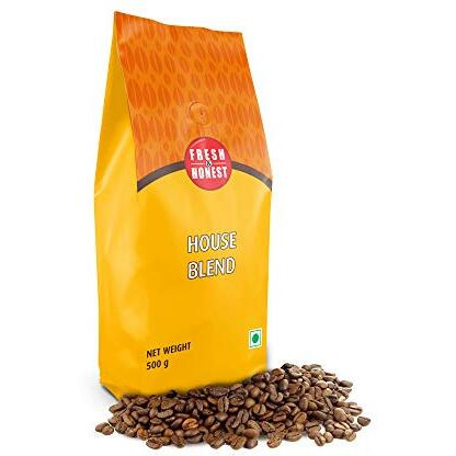 FRESH & HONEST House Blend, Roasted Coffee Beans, 500 g with Medium to Dark Roasting, Full Body & Crema, Bag