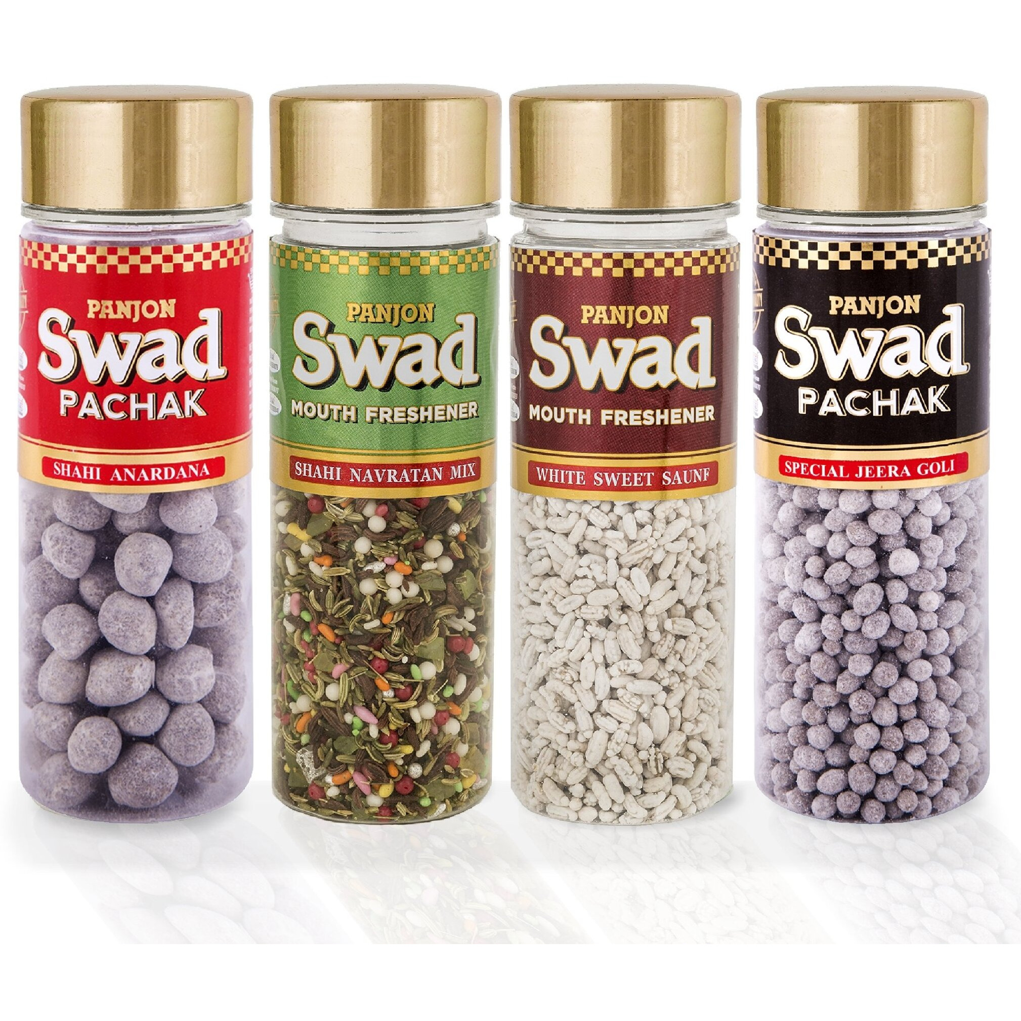 Panjon Swad Mouth Fresheners (Anardana, White Sweet Saunf, Jeera Goli, Navratan Mukhwas) 100% Vegan & Gluten-free | After Meal Indian Snack | Combo Gift Pack of 4, Jute Gift Set