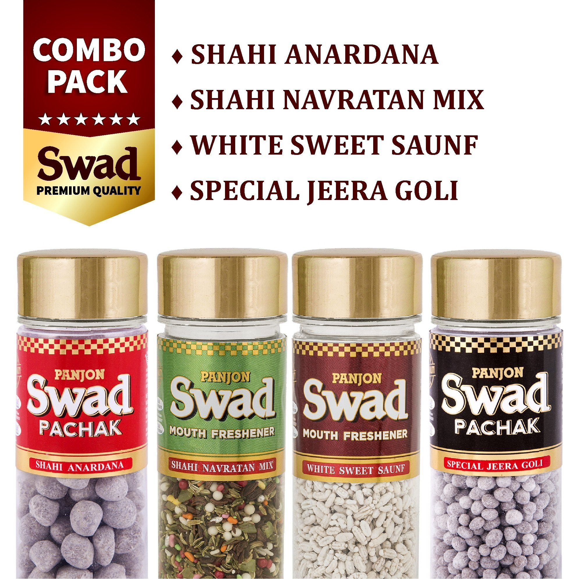 Panjon Swad Mouth Fresheners (Anardana, White Sweet Saunf, Jeera Goli, Navratan Mukhwas) 100% Vegan & Gluten-free | After Meal Indian Snack | Combo Gift Pack of 4, Jute Gift Set