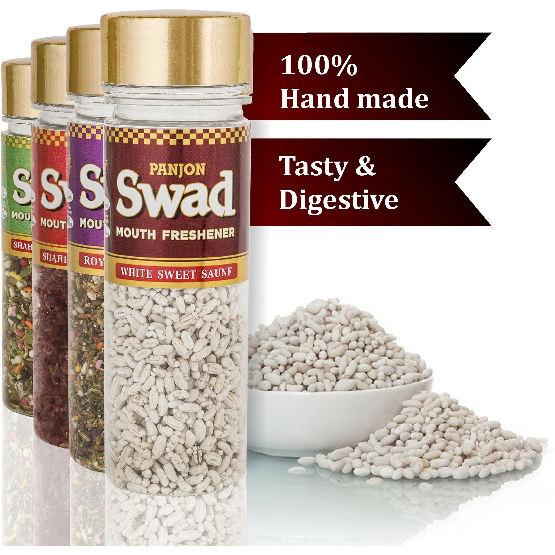 Panjon Swad Mouth Fresheners (Anardana, White Sweet Saunf, Jeera Goli, Navratan Mukhwas) 100% Vegan & Gluten-free | After Meal Indian Snack | Combo Gift Pack of 4, Jute Gift Set