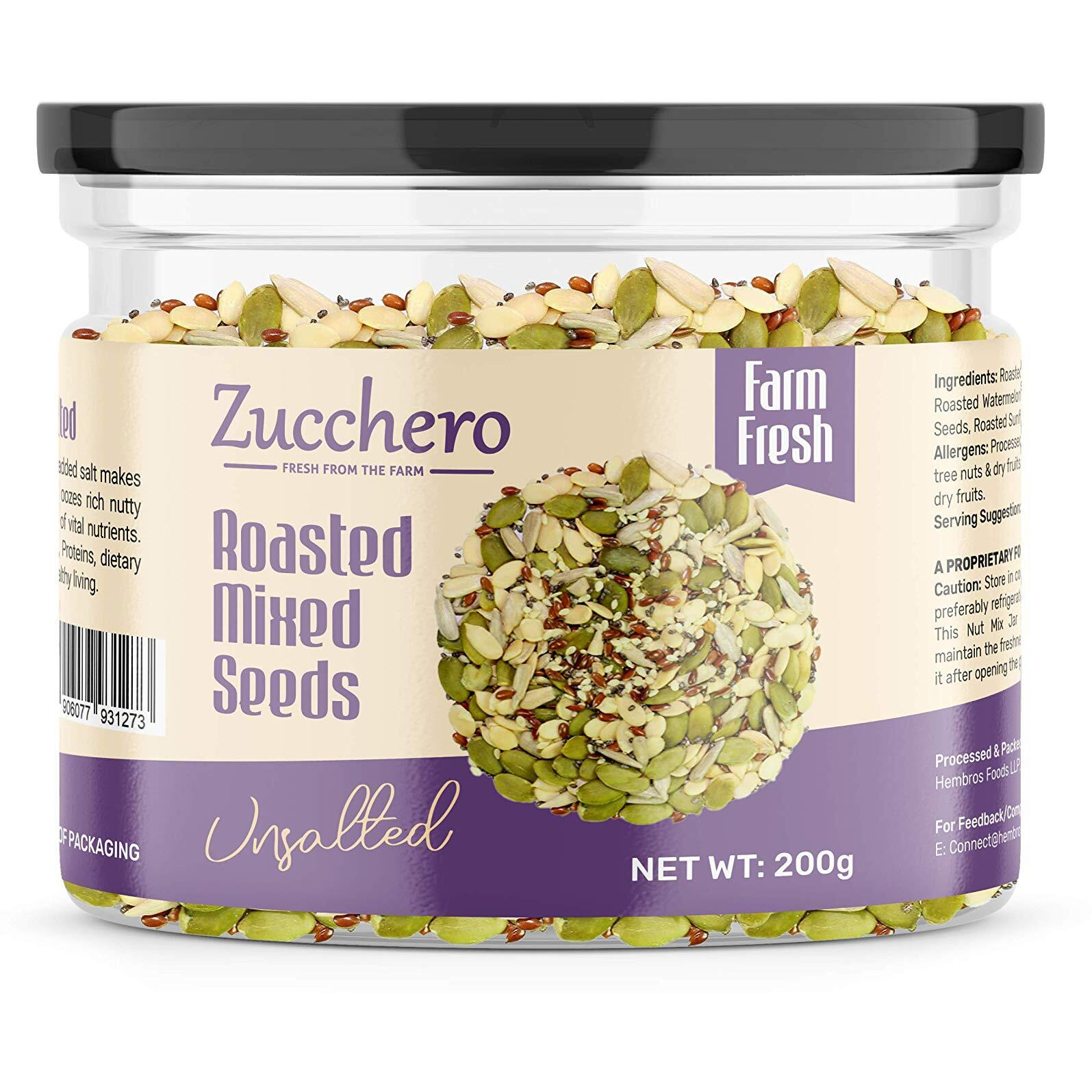 Zucchero Roasted Premium Mixed Seeds, Unsalted, 200g (6 in 1) (Sunflower, Pumpkin, Chia, Flax, Watermelon, Sesame) - Dry Roasting | Oil-Free| Slow baked Seeds