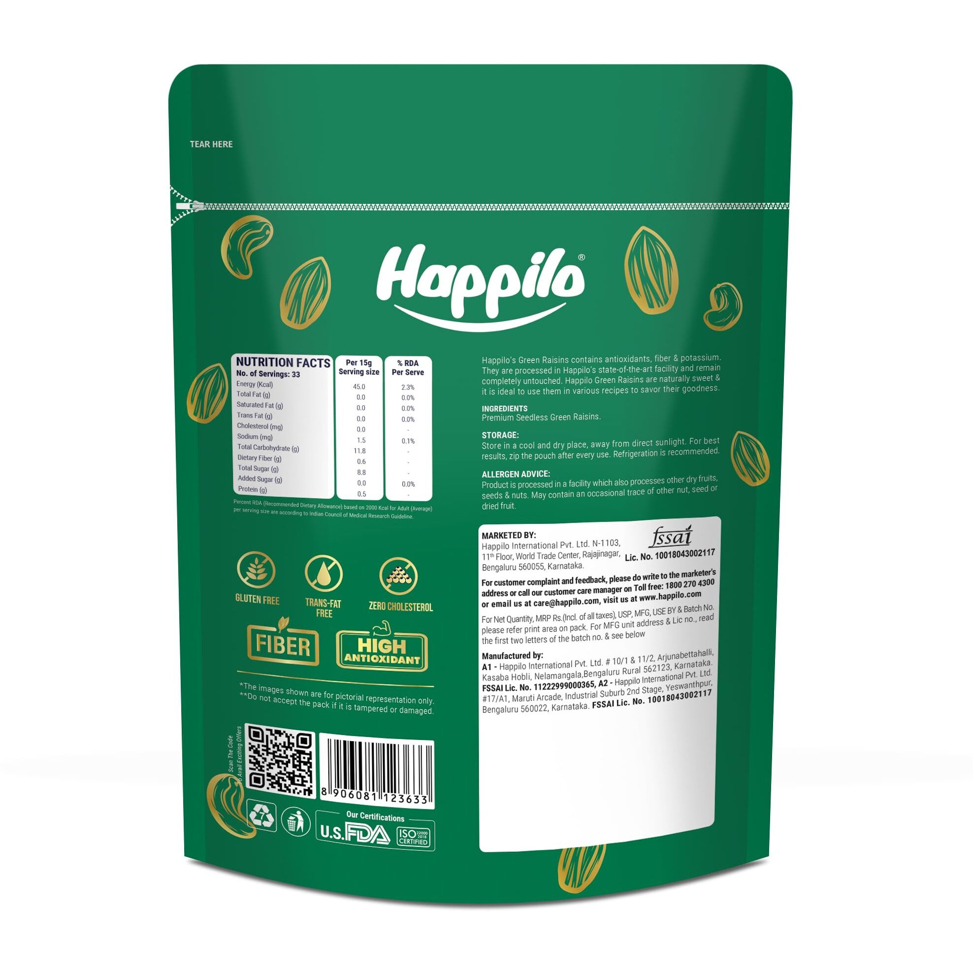 Happilo Premium Seedless Green Raisins 500g Value Pack| Kishmish | Nutritious| Rich in Iron