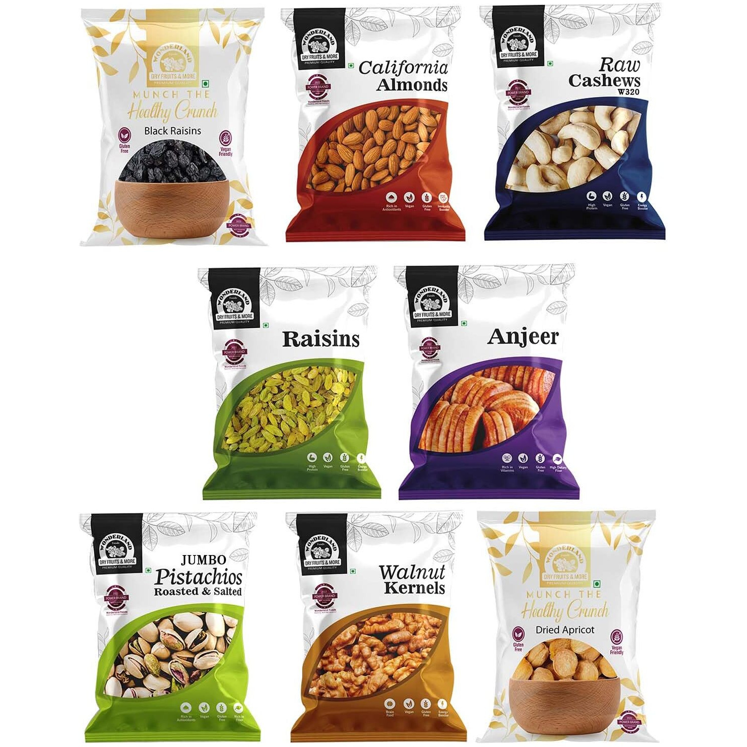 WONDERLAND FOODS Healthy Nuts Dry Fruits Combo Pack of 8 Jumbo Pistachios 100g, NP Almond 100g, W320 Cashew 100g, Black & Golden Raisins 100g, Anjeer 100g, Walnut Kernel 100g, Dried Apricot 100g