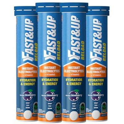 Fast&Up Reload (20 Litres) Low Sugar energy drink for Instant Hydration - 80 Effervescent Tablets with all 5 Essential Electrolytes + Added Vitamins - Certified Electrolytes Drink - Blueberry flavour