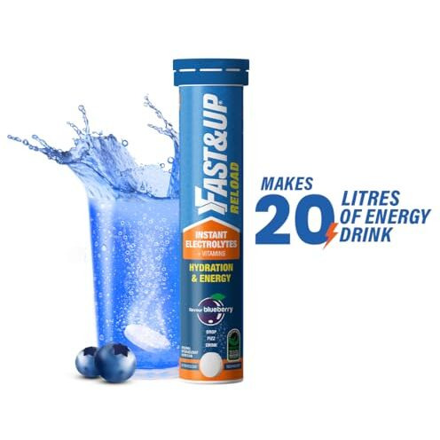 Fast&Up Reload (20 Litres) Low Sugar energy drink for Instant Hydration - 80 Effervescent Tablets with all 5 Essential Electrolytes + Added Vitamins - Certified Electrolytes Drink - Blueberry flavour