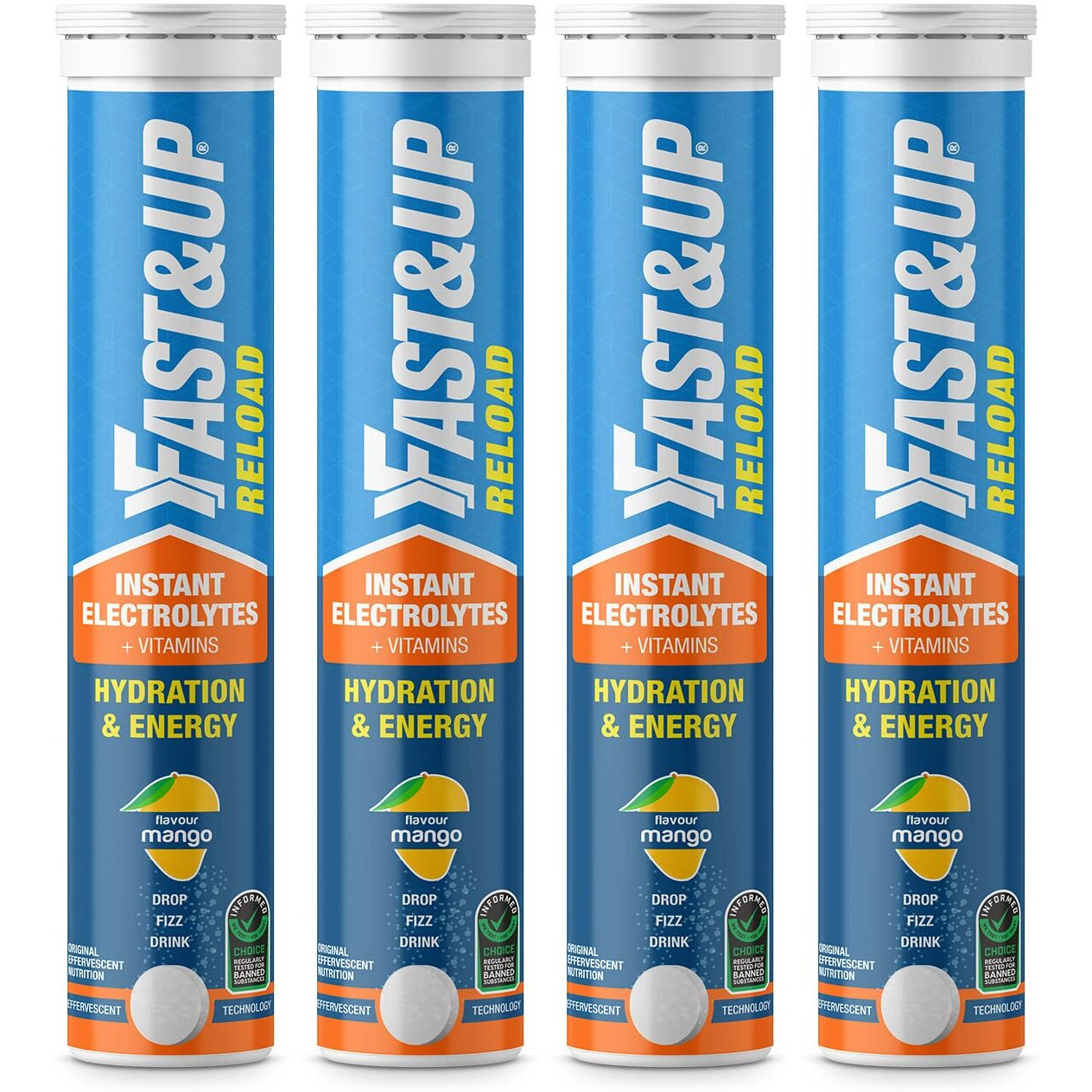 Fast&Up Reload (20 Litres) Low Sugar energy drink for Instant Hydration - 80 Effervescent Tablets with all 5 Essential Electrolytes + Added Vitamins - Certified Electrolytes Drink - Mango flavour