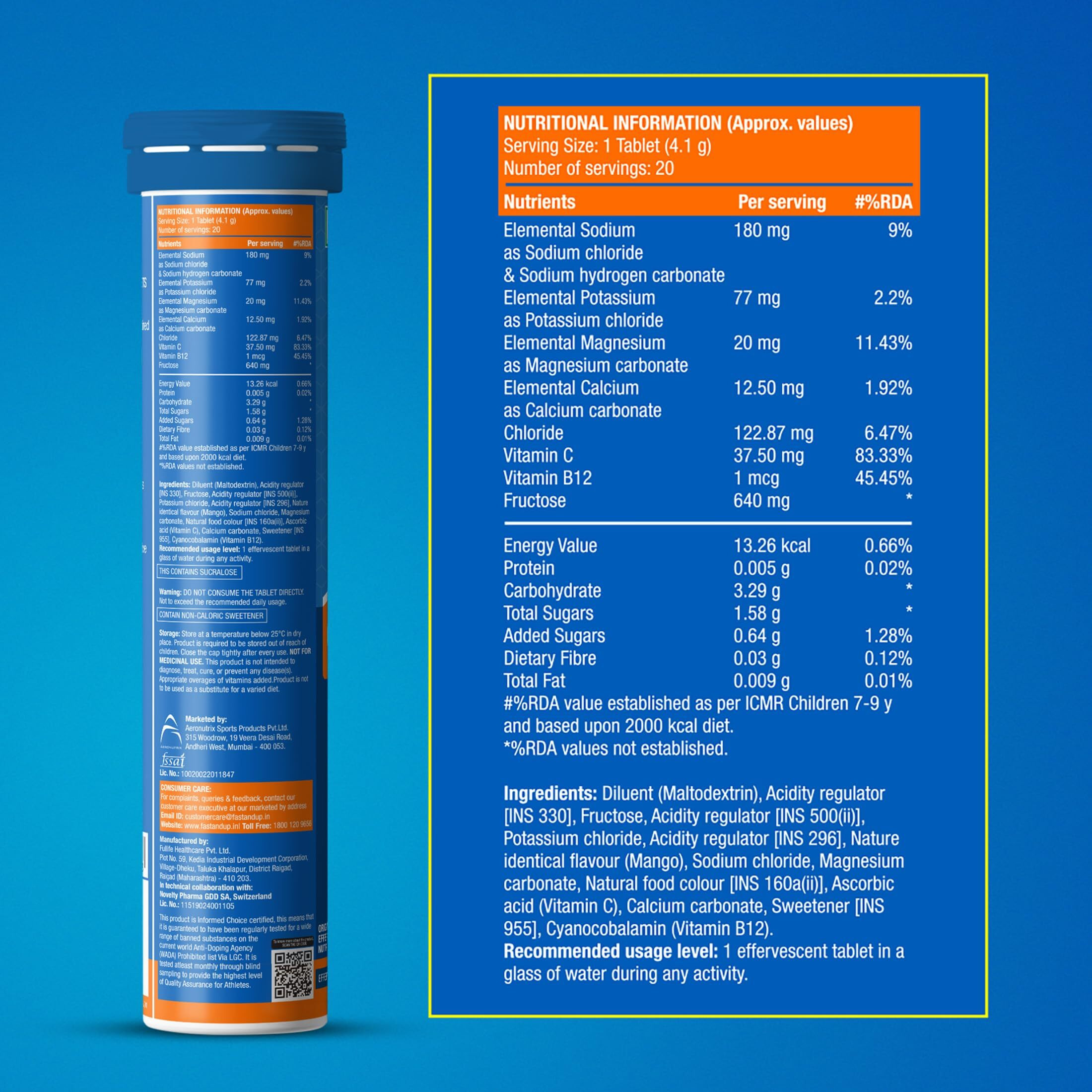 Fast&Up Reload (20 Litres) Low Sugar energy drink for Instant Hydration - 80 Effervescent Tablets with all 5 Essential Electrolytes + Added Vitamins - Certified Electrolytes Drink - Mango flavour